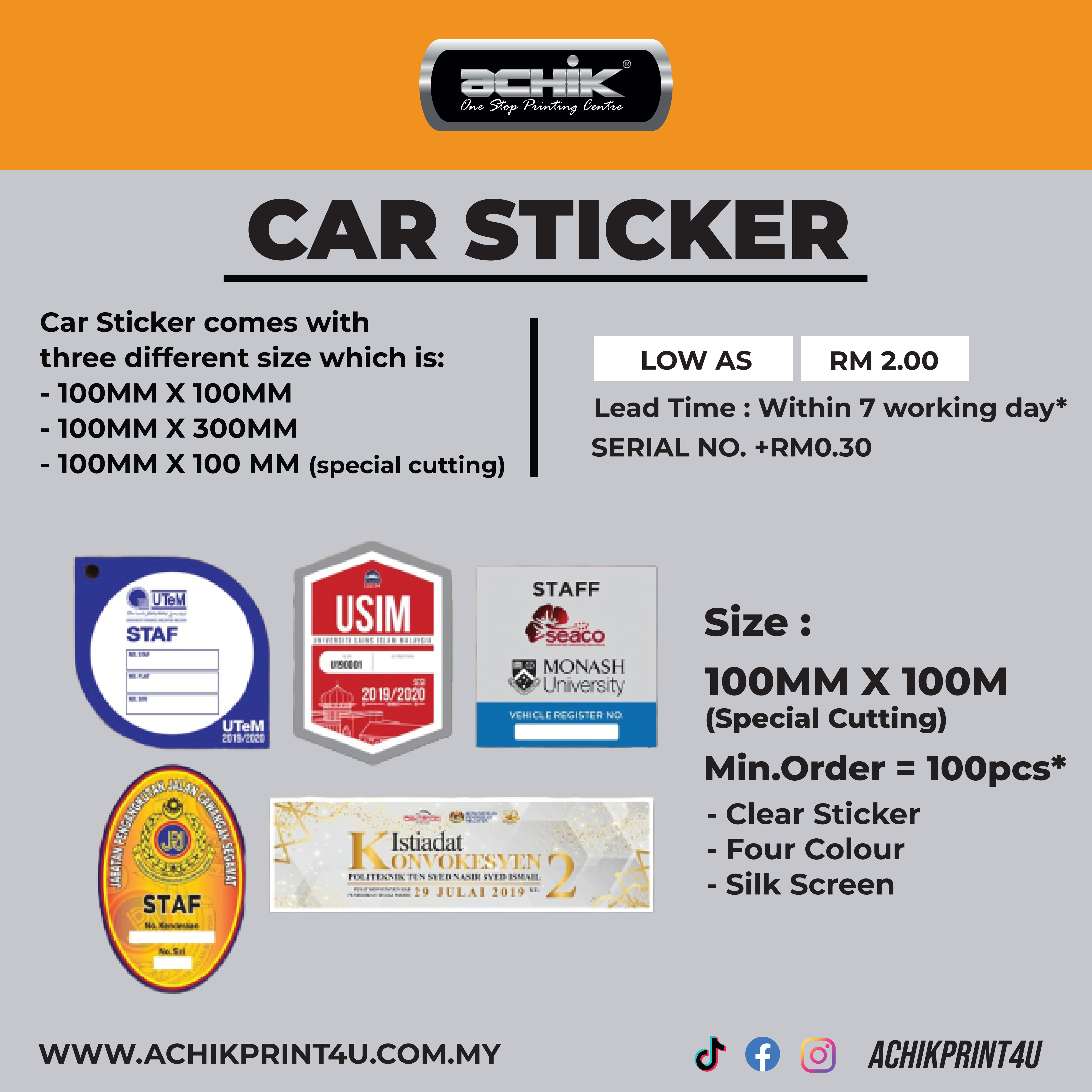 Car Sticker - 100mm X 100mm Special Cutting